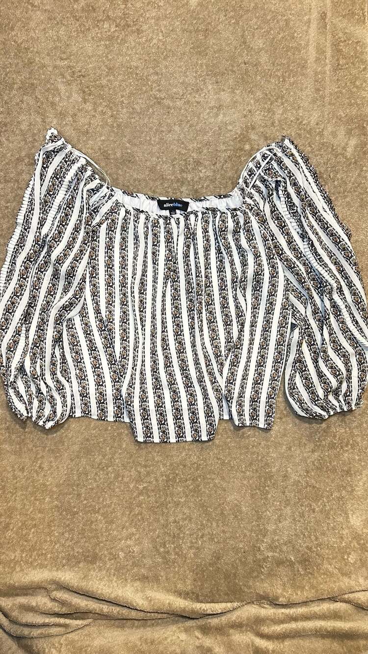 Aliceblue Floral Print Blouse Striped Off-the-Shoulder Size Large